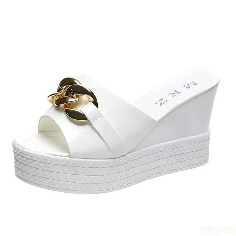 Thumbnail: Chain High Heels Slippers Women Wedding Shoes Summer 2024White Black Platform W