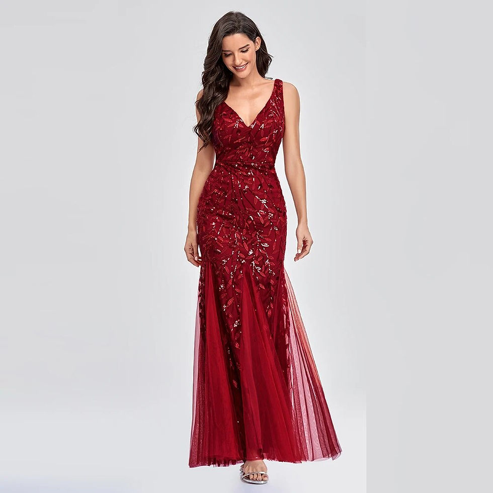 Thumbnail: Sleeveless V-neck Tulle Sequins Cocktail Dresses V-back Mermaid Party Prom Gown