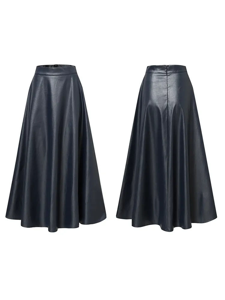 Imej kecil: Women Long Skirts Fashion Leather PU Skirt Celmia 2023 Solid Office Lady Midi S