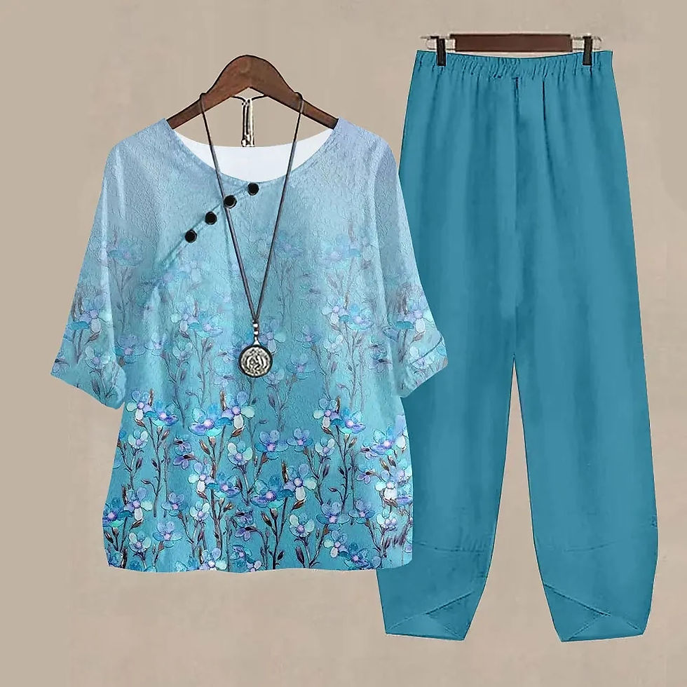 Thumbnail: New Women O Neck Short Sleeve Suit Flower Print Elegant Two Piece Sets Female O