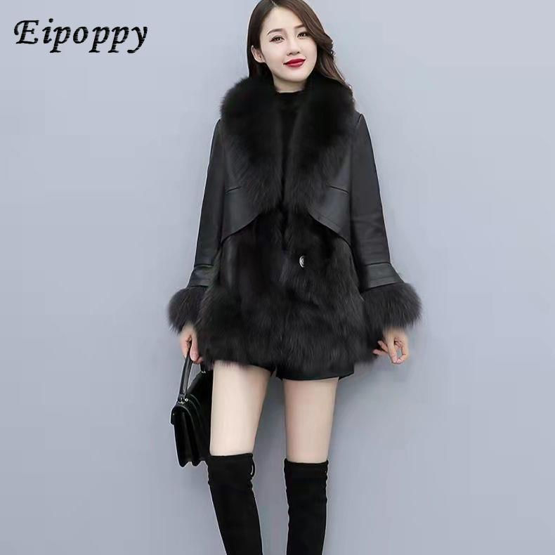 Miniatura: Women's Korean-Style Faux Fox Fur Slim-Fit Mid-Length Leather Coat Fur Coat