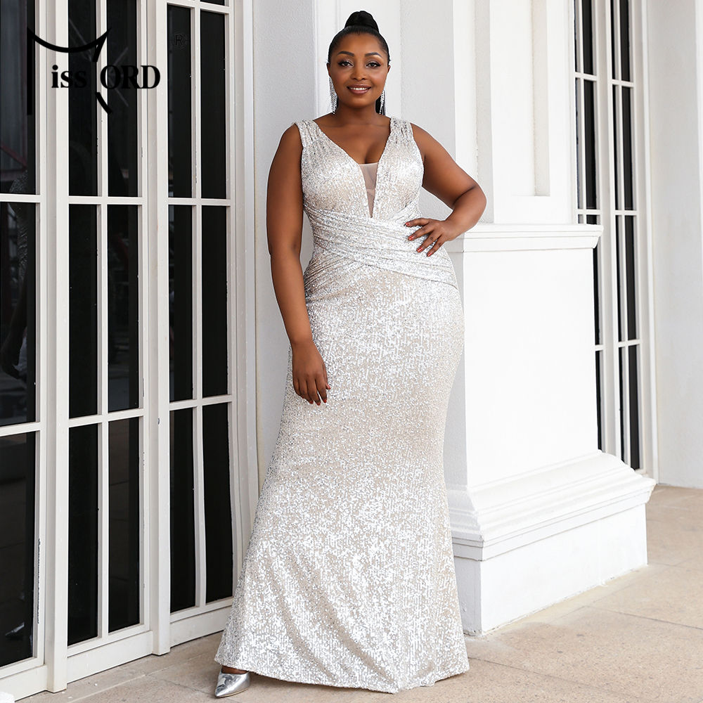 Missord Apricot Sequin Plus Size Wedding Party Dresses Elegant Women V Neck Sle