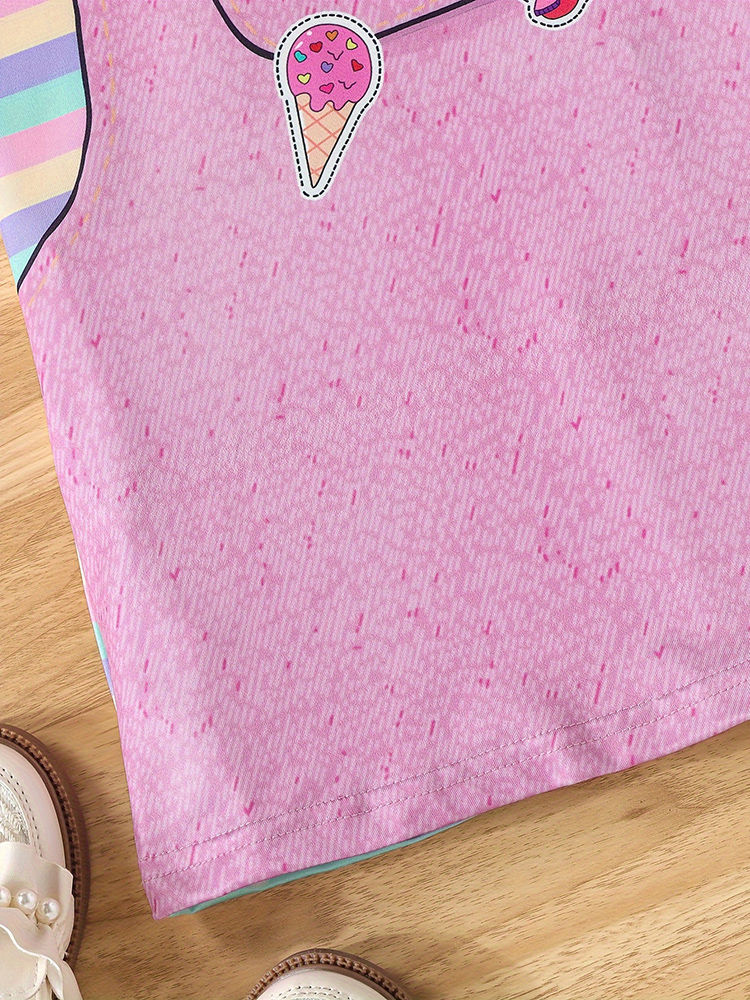 Thumbnail: Girls Cute Cat Print Striped Casual Vacation Outing T-Shirt Dress