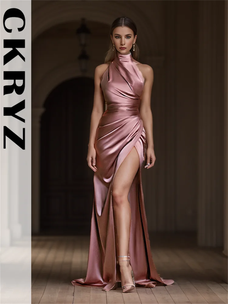 תמונה ממוזערת: Ladies Satin New Evening Party Dresses Women Sleeveless Backless Halter Side Sl