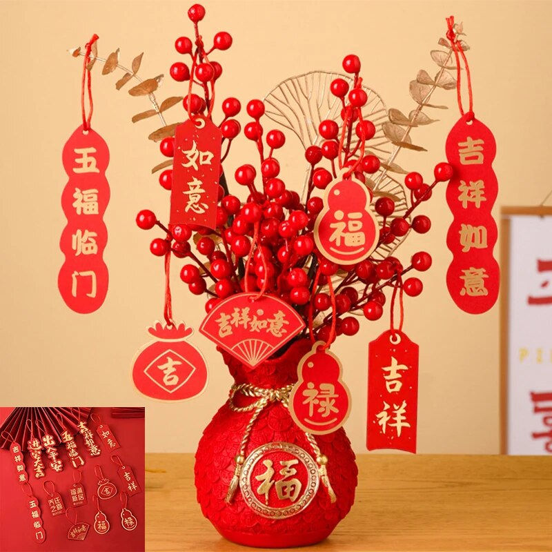 Thumbnail: Chinese Spring Festival Purse Vase Decor Red Artificial Fortune Fruit Pendants