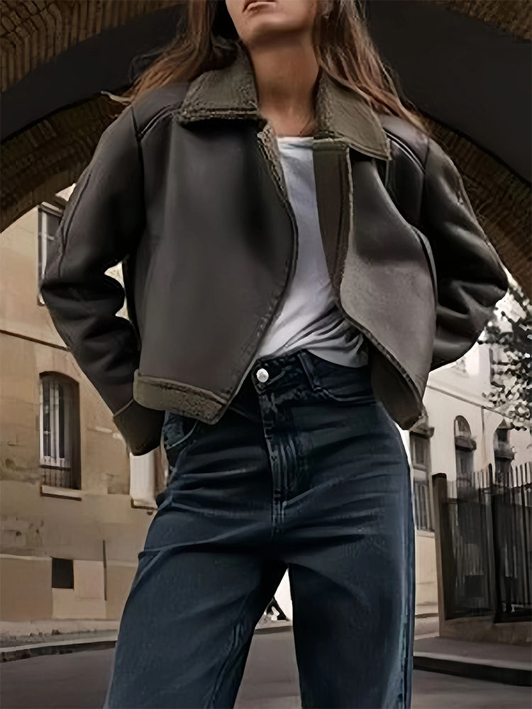 Thumbnail: TRAFZA Women's Fleece Biker Style Fur Jacket Vintage Faux Leather Pilot Jacket