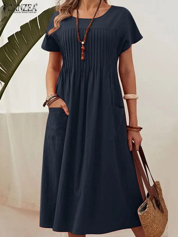 Thumbnail: Elegant Women O Neck Short Sleeve Solid Mid-calf Dress ZANZEA Summer Sundress F