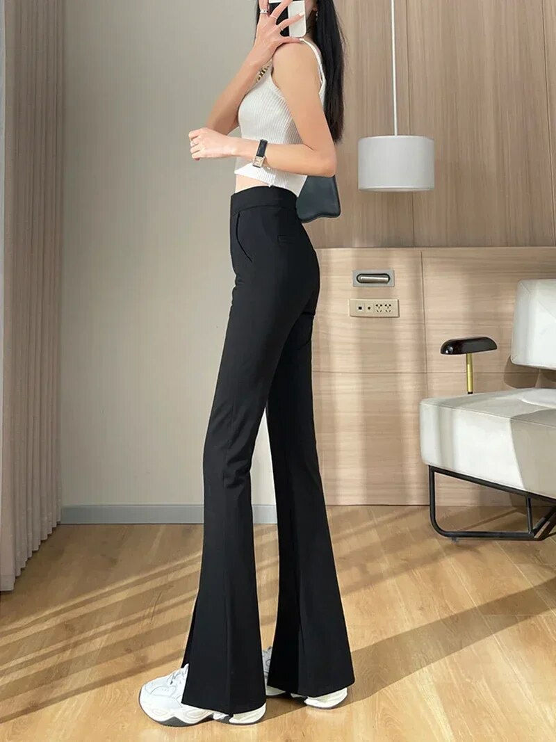Thumbnail: Plus Size Slit Front Black Flare Pants for Women Korean Style Casual Office Lad