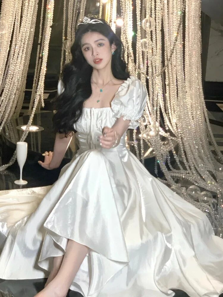 Thumbnail: Elegant French White Wedding Party Dress Women Vintage Burgundy Romantic Prom V