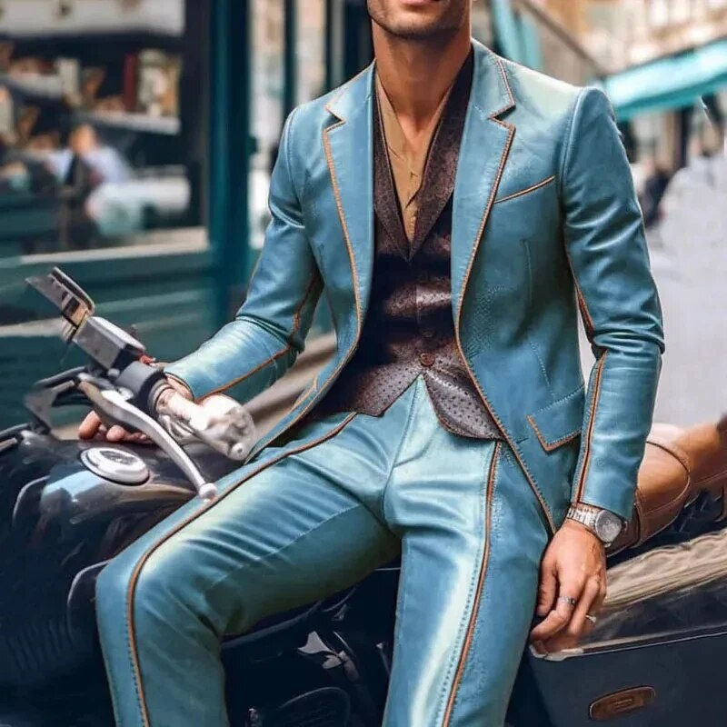 Thumbnail: Men Suit Slim Fit Blazer & Pants 2Pcs Set Contrast Trim Notch Lapel PU Leather