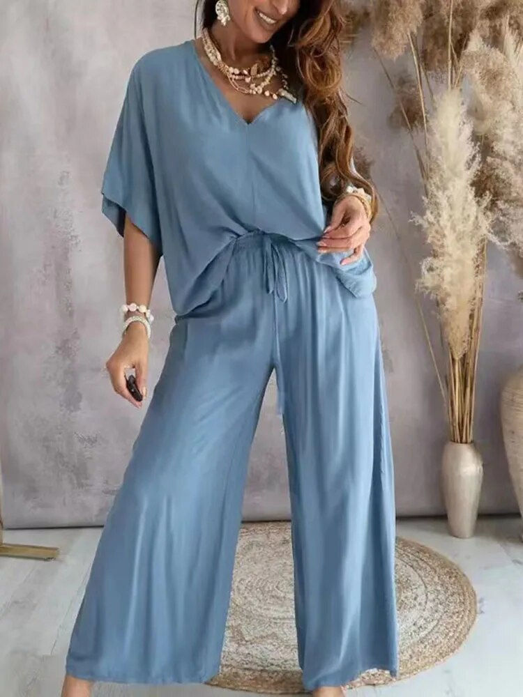 Sīktēls: 2023 Long Pant Sets Summer two piece set For Women V neck Bat Sleeve Casual Loo