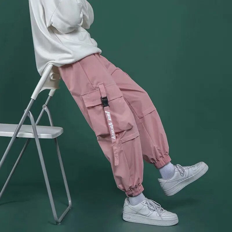 Thumbnail: Black Cargo Pants Men's Fashion Loose Tappered Casual Pants Pink Hip Hop Sports