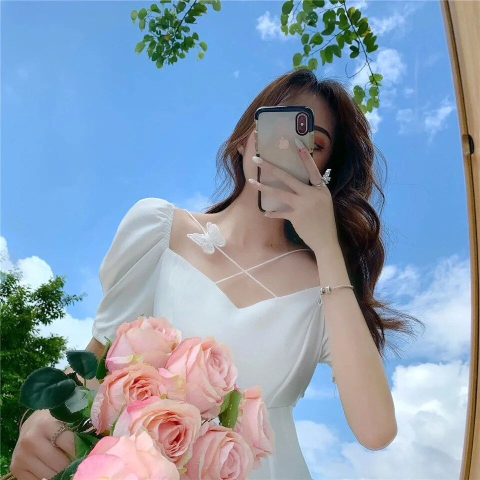 Imej kecil: EVNISI Women Summer White Dress Puff Sleeve Party Dating Dress Square Neck A-li