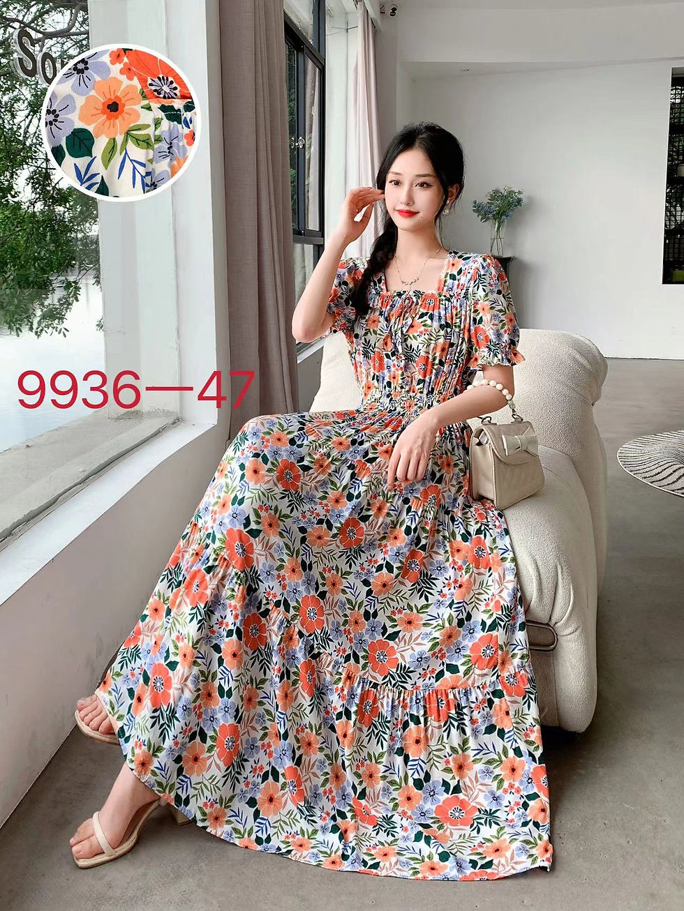 Thumbnail: Chic Elegant Dress Woman Maxi Long Print Indian Clothing Floral Cotton Linen Vi