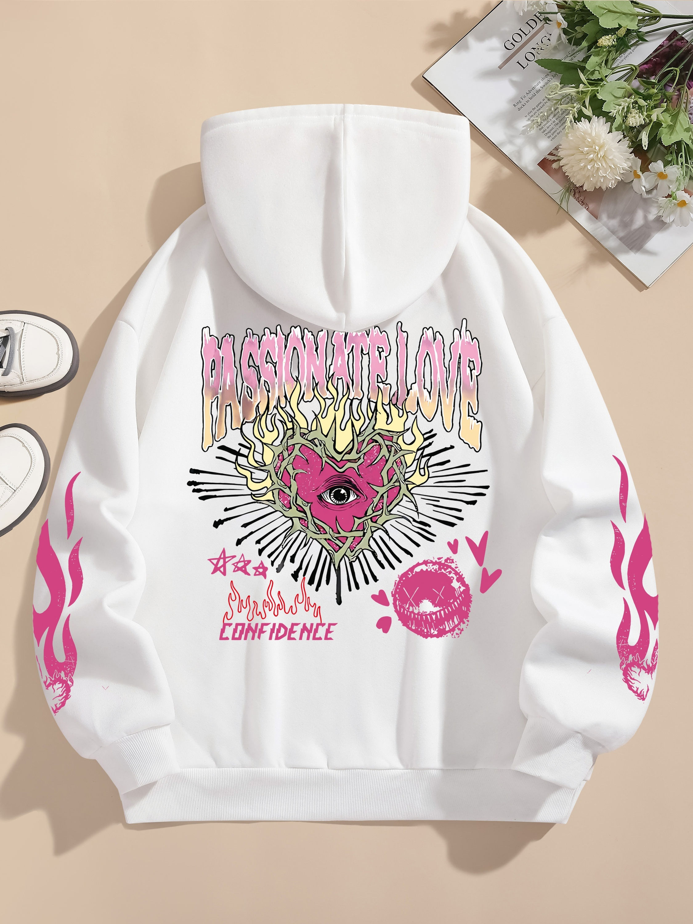 Street Women Sweatshirts Passionate Love Flame Heart Printed Hoodies Crewneck L