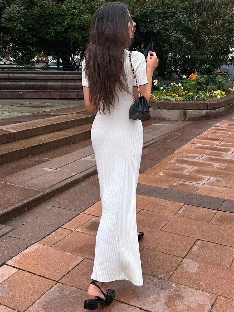 Thumbnail: Tossy White Knit Fashion Maxi Dress For Women Short Sleeve Patchwork Elegant Pa