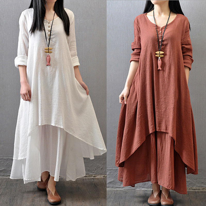 Hình thu nhỏ: Women Cotton Linen Chic Maxi Dresses Elegant Bohemia Layered Vintage Robe Long