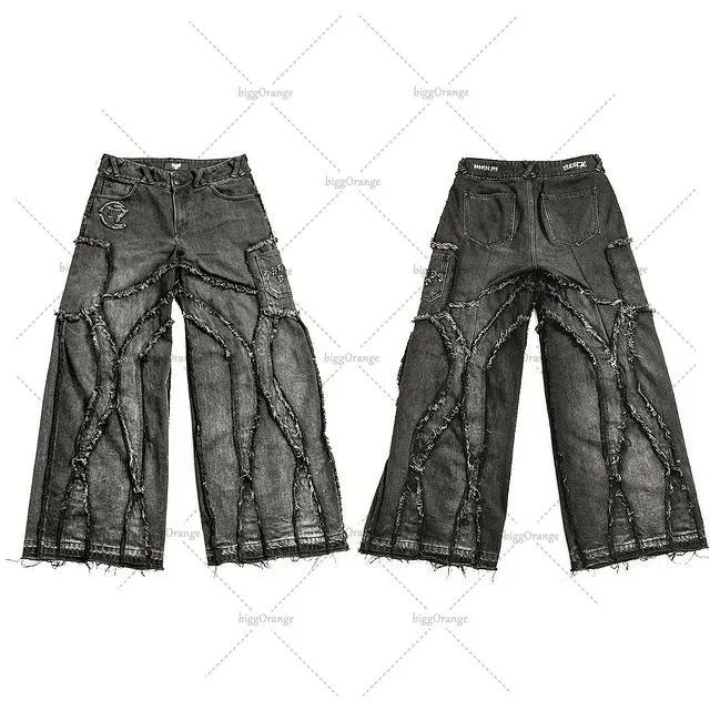 Thumbnail: European and American Fashionable High-waisted Trousers Raw Edge Washed Jeans M