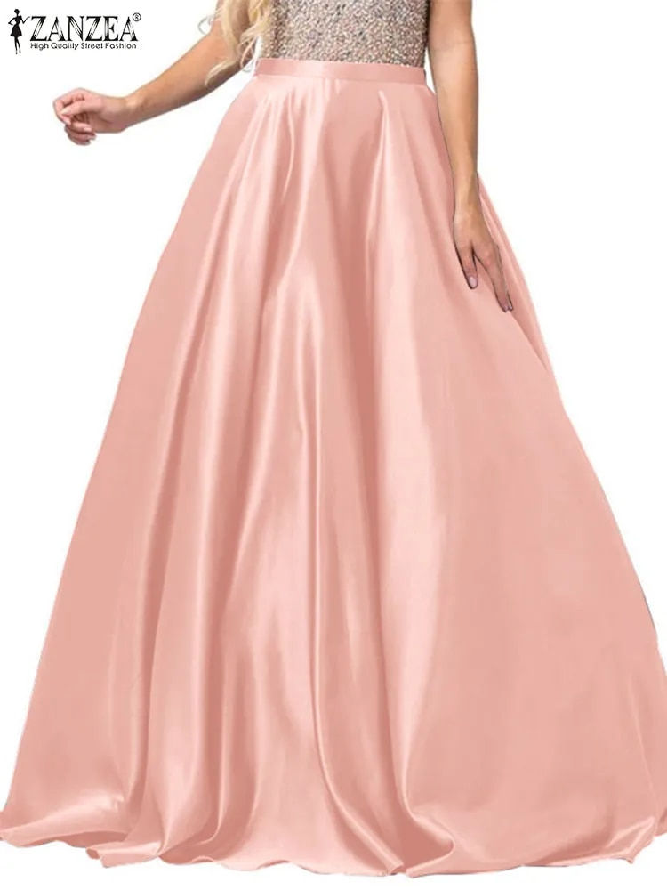 الصورة المصغرة: Fashion Maxi Long Skirt Vestido ZANZEA Elegant Summer Satin Skirts Women High W