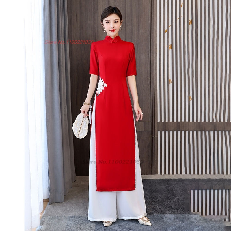 2024 vietnam aodai dress cheongsam national flower embroidery dress+pants set i