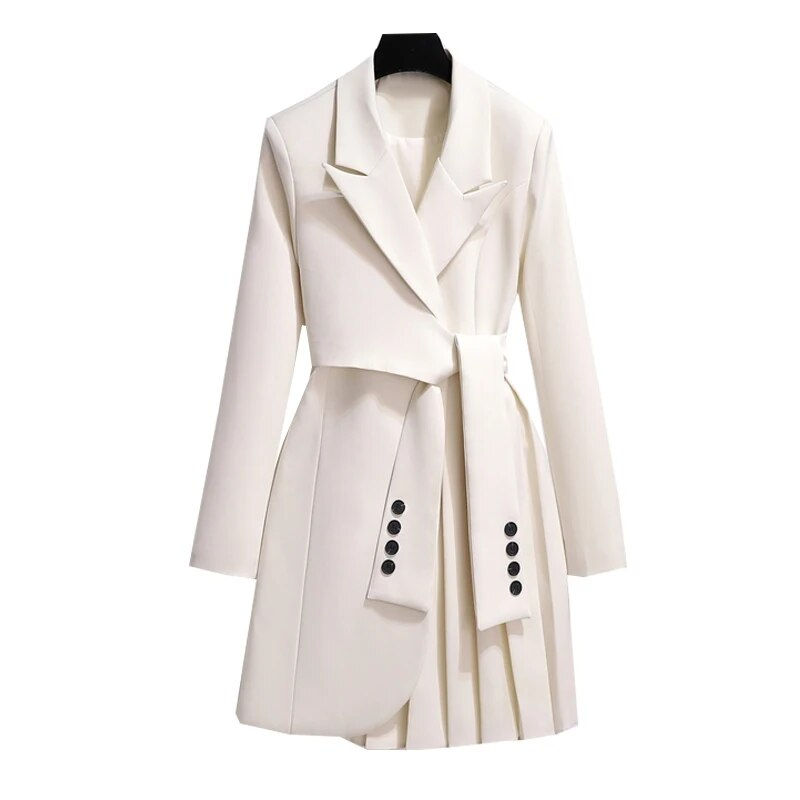 Miniature : Elegant Long Blazer Pleated Women Notched Long Sleeve Tunic Sashes Solid Slim L