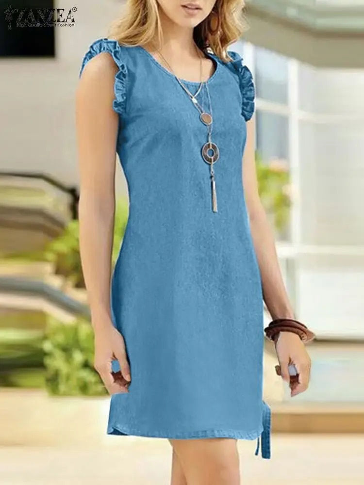 섬네일: ZANZEA Women Summer Denim Style Dress Fashion O Neck Sleeveless Mini Sundress C