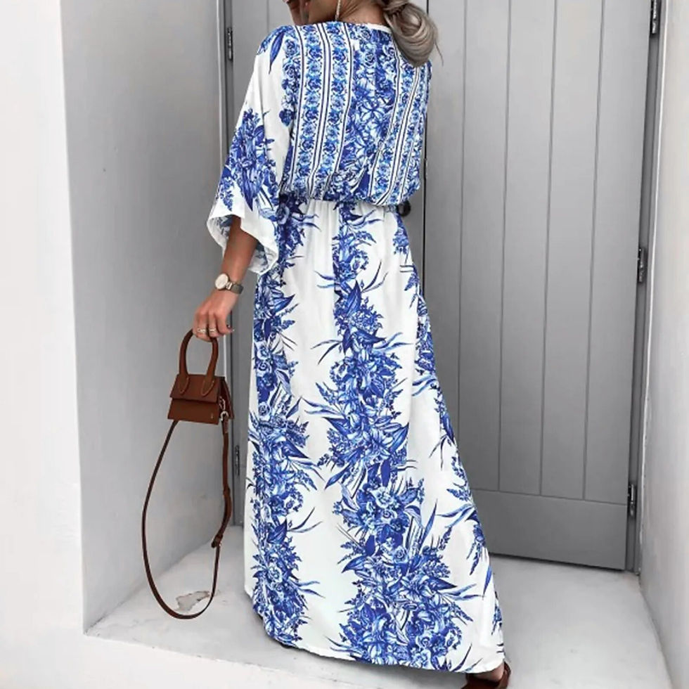 Thumbnail: Fashion Blue And White Porcelain Flower Print Dress Women Clothing Long Lantern