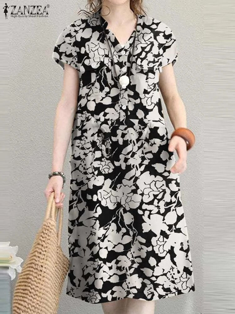 Thumbnail: ZANZEA Summer Short Sleeve Solid Knee-length Dress Fashion Women V Neck Casual