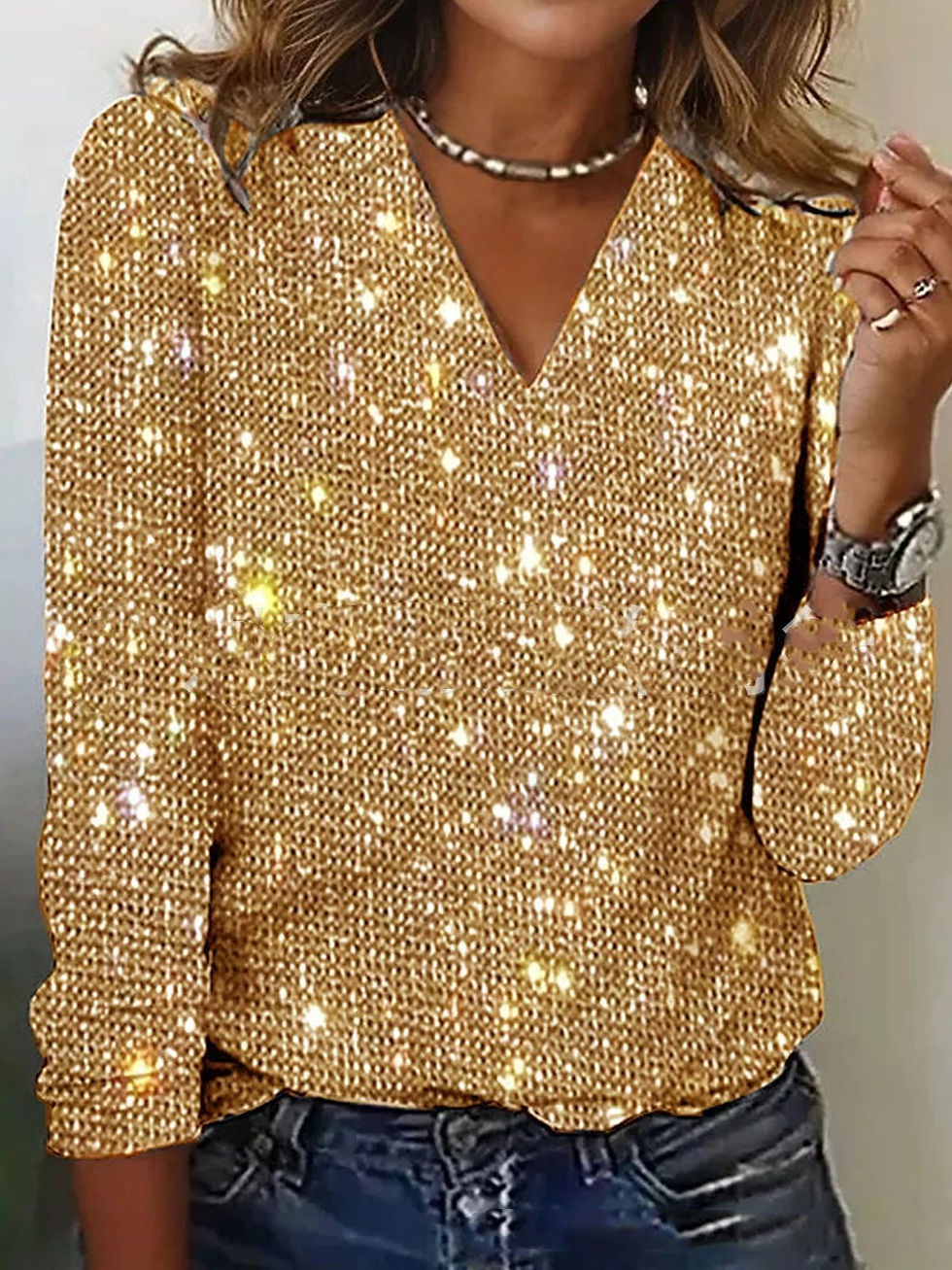 Thumbnail: Women's Pure Color Sequins Long-sleeved T-shirt