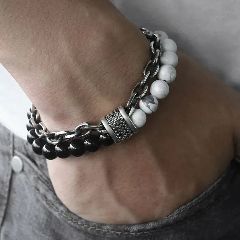 Thumbnail: New 2020 Men's Tiger Eye Stone Beaded Bracelet Stainless Steel Gunmetal Link Ch
