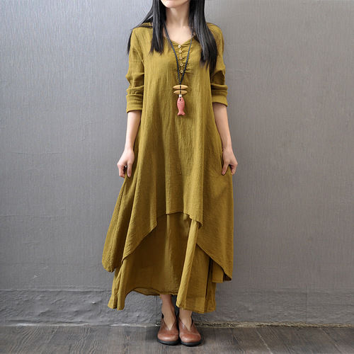 Thumbnail: Women Cotton Linen Chic Maxi Dresses Elegant Bohemia Layered Vintage Robe Long