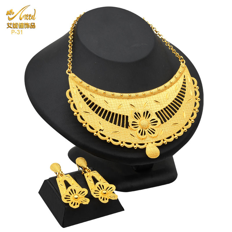 Thumbnail: ANIID Luxury Indian Jewelry Sets for Women Party Dubai 24K Gold Color Necklace 