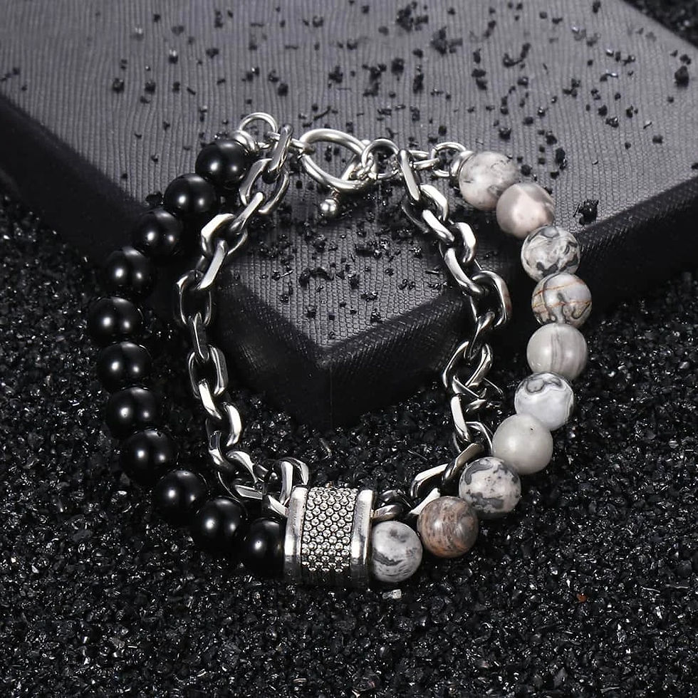 Thumbnail: New 2020 Men's Tiger Eye Stone Beaded Bracelet Stainless Steel Gunmetal Link Ch
