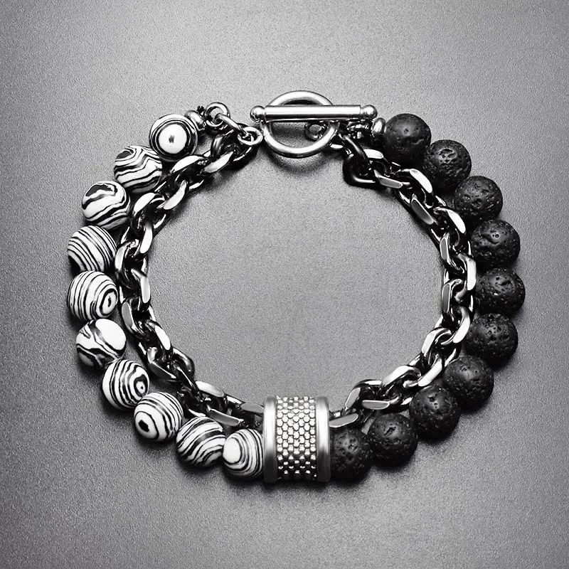 ภาพขนาดย่อ: New 2020 Men's Tiger Eye Stone Beaded Bracelet Stainless Steel Gunmetal Link Ch