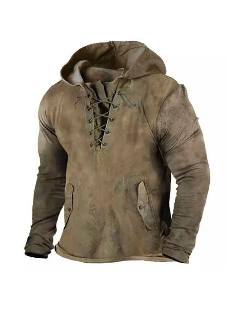 섬네일: Men's Pollover Hoodie 2023 Autumn New Long Sleeve Drawstring Retro Cotton Casua