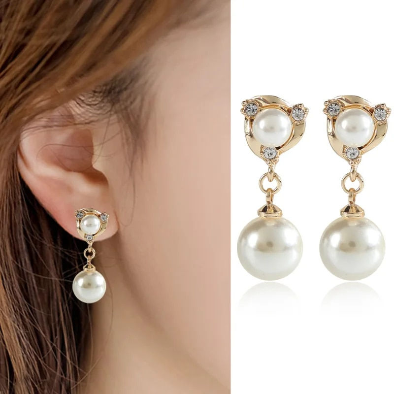 Thumbnail: Elegant Rhinestone Pearl Waterdrop Earrings Pierced and Non Pierced Earrings Ea