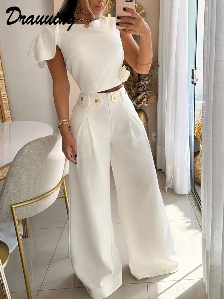 Drauuing 2 Pieces Sets Women Sleeveless Tee And Wide Leg Pant Outfits Casual S