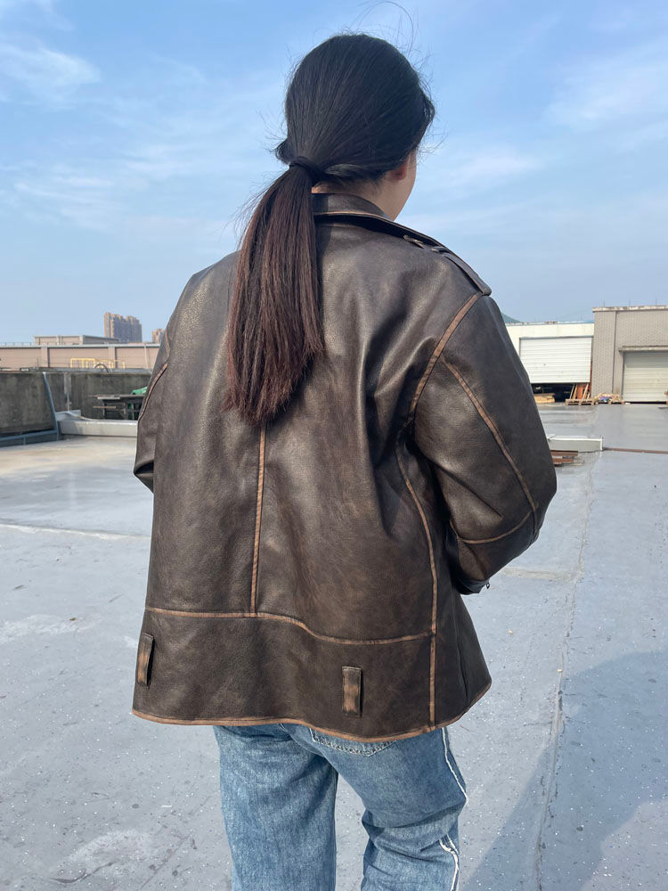 섬네일: RR2478 Streetwear Worn Effect Bike Leather Jackets For Women Oversized Boyfrien