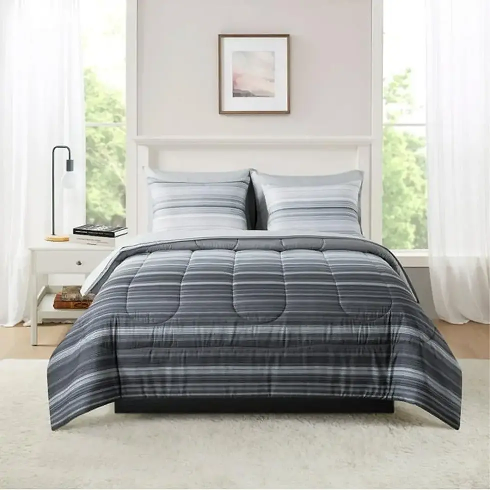 Миниатюра: Mainstays Grey Ombre Stripe Bed-in-a-Bag King Comforter Set Polyester Reversibl