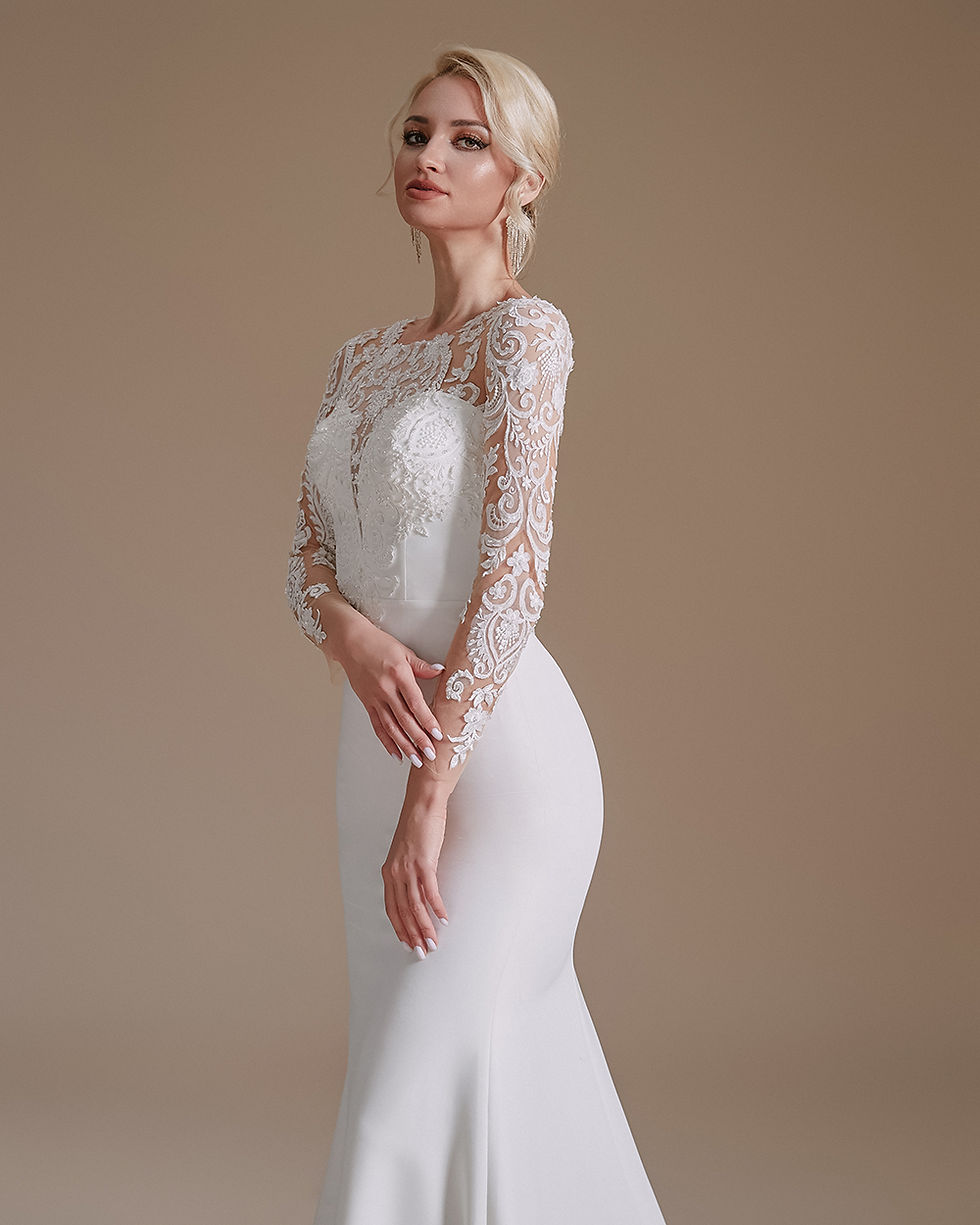 Miniature : Stretchy Spandex Wedding Dress 2024 Long Sleeves Mermaid Lace Appliques Beaded