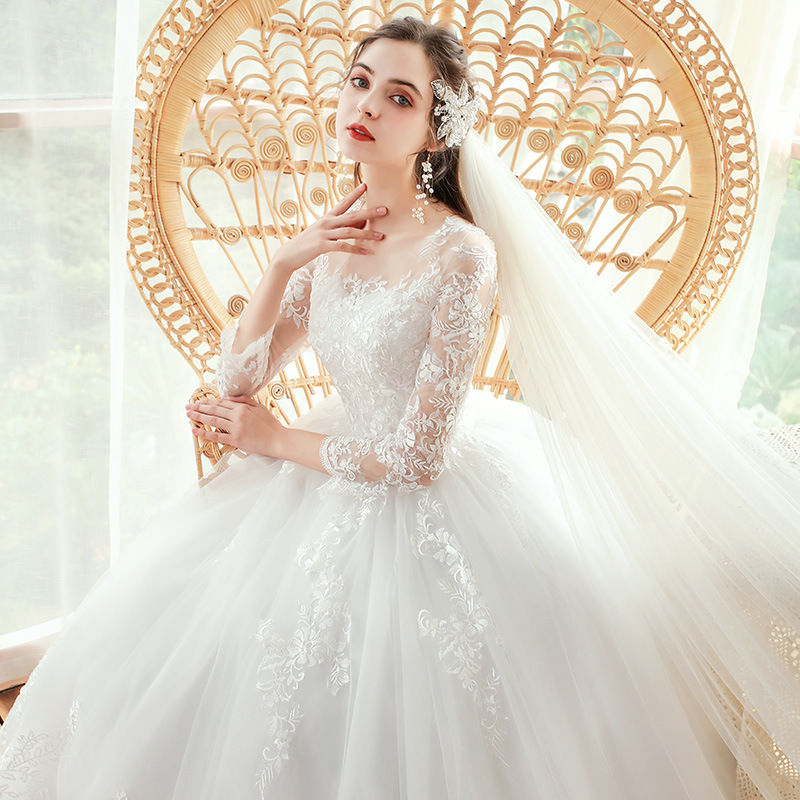 ภาพขนาดย่อ: Vestido De Noiva 2022 New Elegant O-neck Wedding Dress Lace Embroidery Long Sle