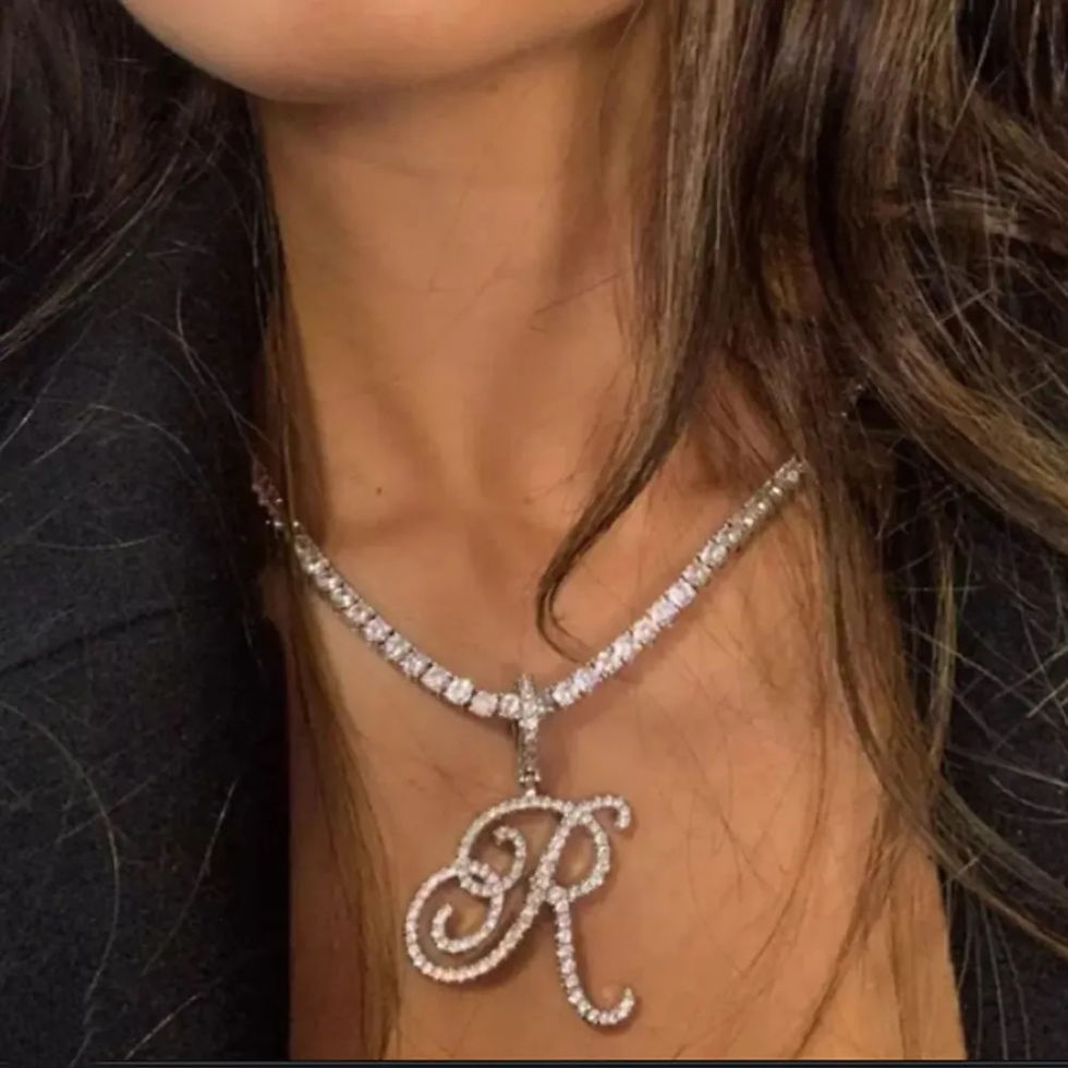 Thumbnail: New Cursive Letters Cubic Zirconia Chain Intial Name Necklace Hip Hop Jewelry G