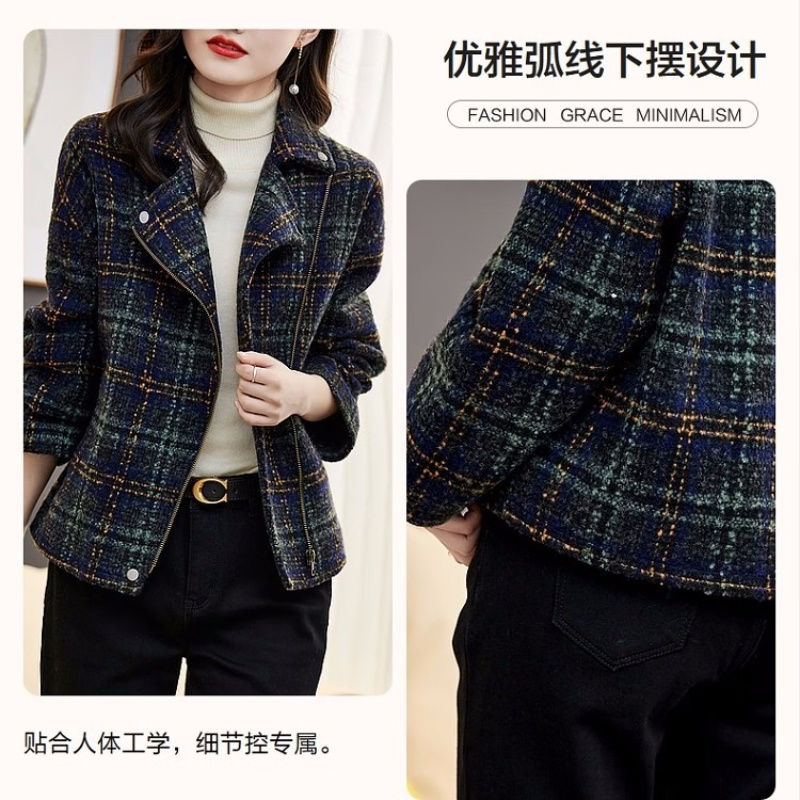 Thumbnail: Spring Autumn Ladies Jackets Plaid Striped Tweed Outerwear Jacket Slant Zipper