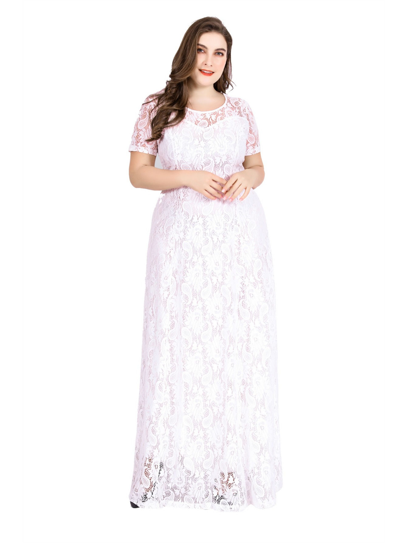 Plus Size Party Dress Women Summer Short Sleeve Lace Floral Hollow Out Sexy Eve