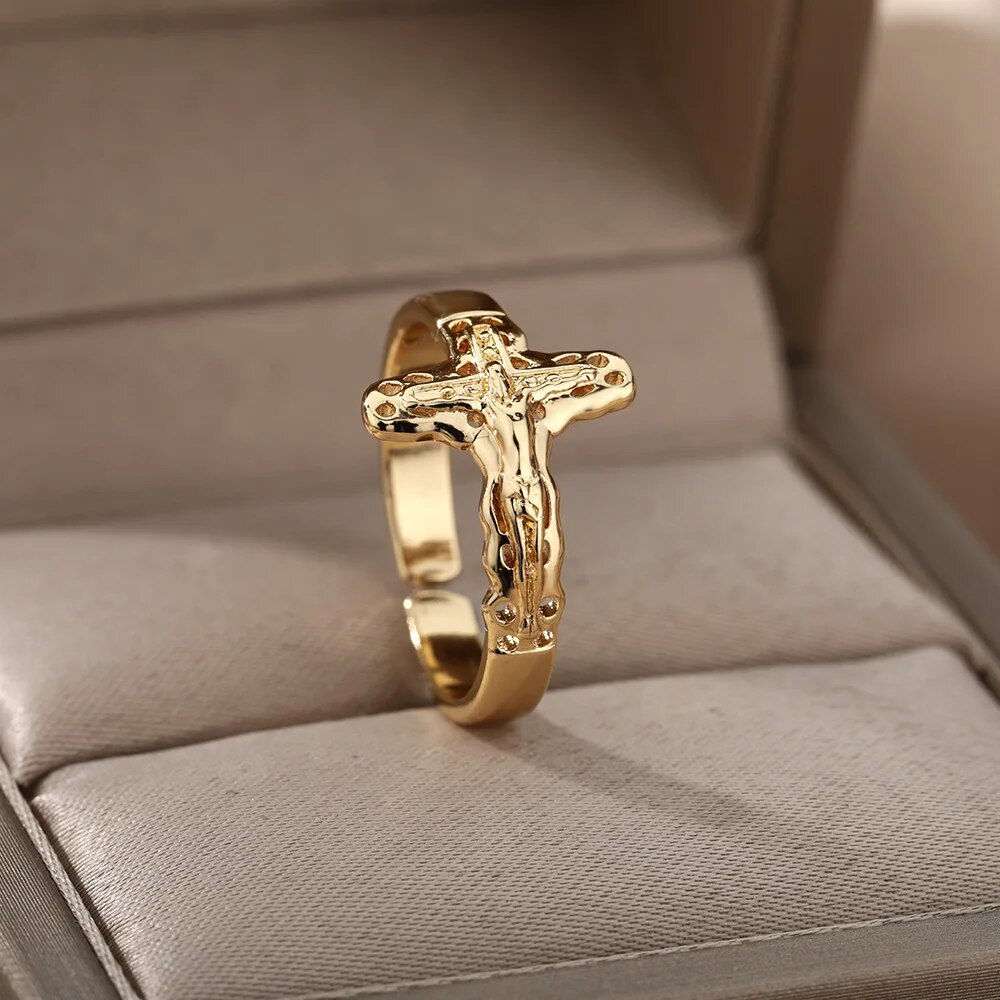 Jesus Cross Rings For Women Men Metal Golden Wide Large Adjustable Ring Vintage