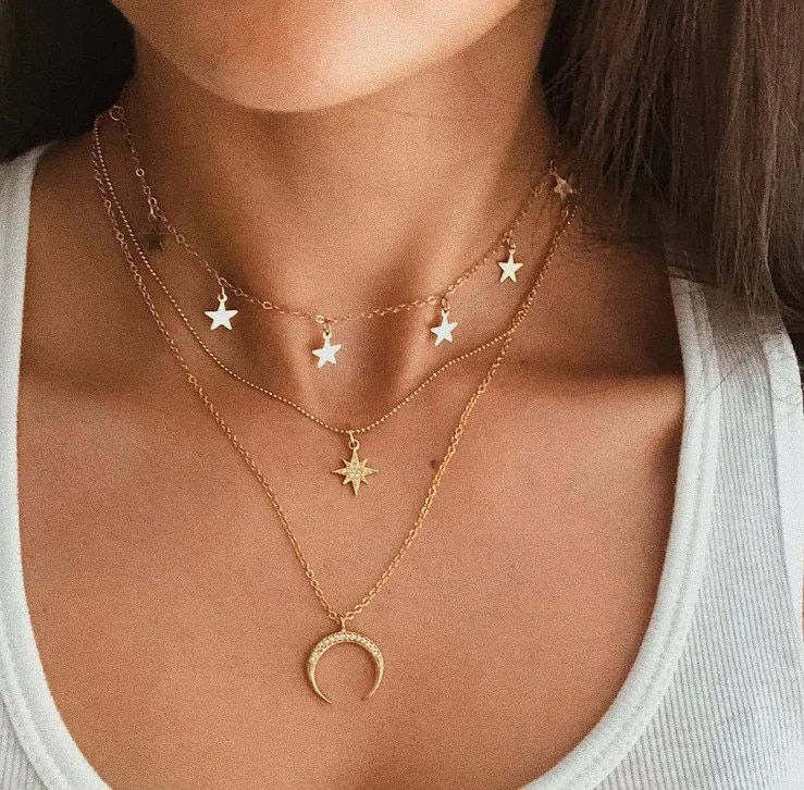 Thumbnail: Crystal Zircon Heart Star Charm Layered Pendant Necklace Set for Women Charms F