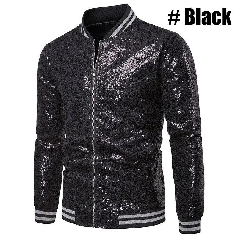 Thumbnail: Men Male Sequined Stylish Slim Long Sleeve Baseball Jacket Coat Zipper Coat Wed