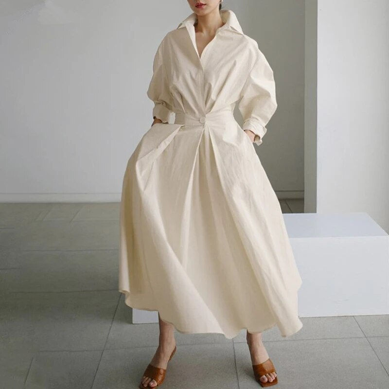 Thumbnail: S-5XL Korean Fashion Long Sleeve Shirt Dress Chic Turndown Neck Ruched Maxi Dre