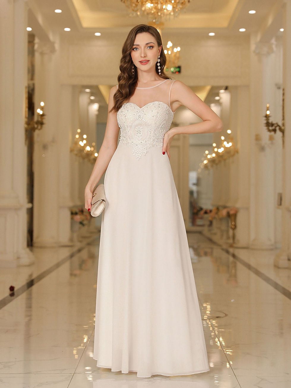 Thumbnail: BABYONLINE Boho Wedding Dress Metallic Lace Appliqué Pearl Stones Bodice Sweeth