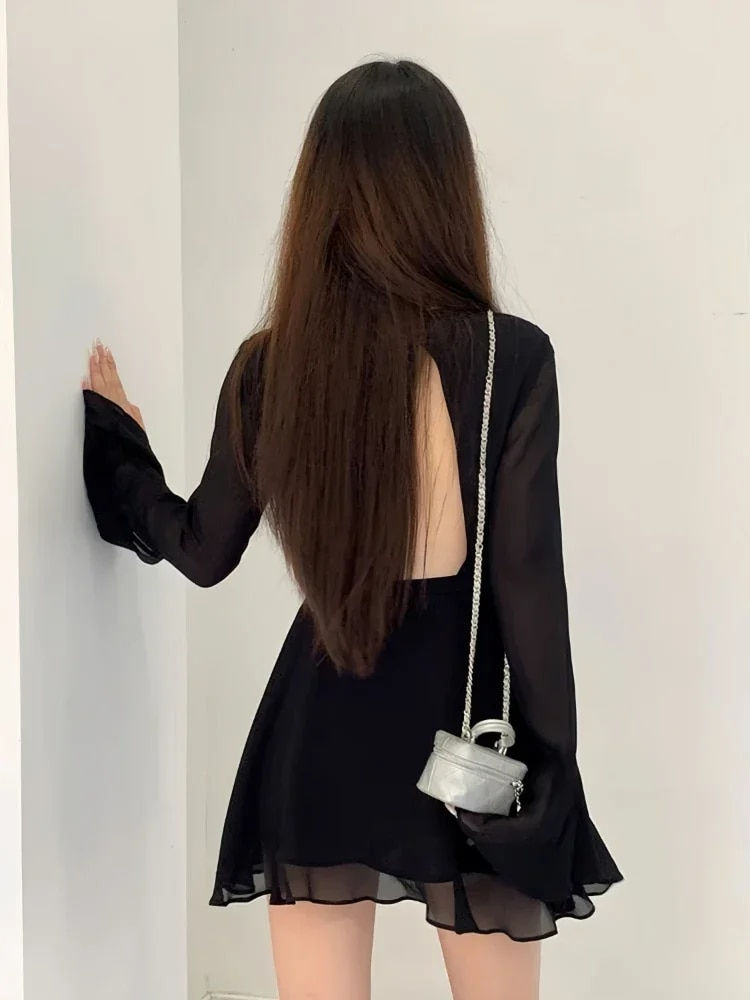 Imej kecil: HOUZHOU Backless Black Dress Women Elegant Back Hollow Out Lace-up Long Sleeve
